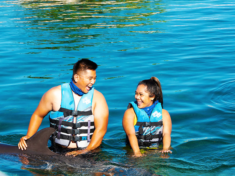 Couple interacting with a Dolphin